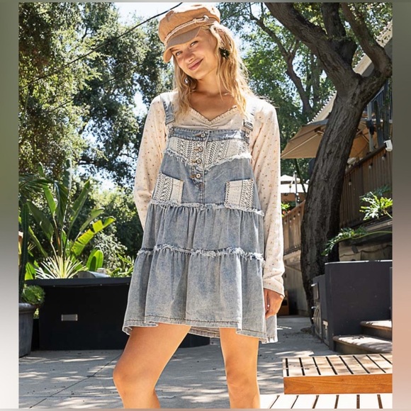 POL Denim Overall Dress Bohemian Frayed Details - Picture 10 of 10